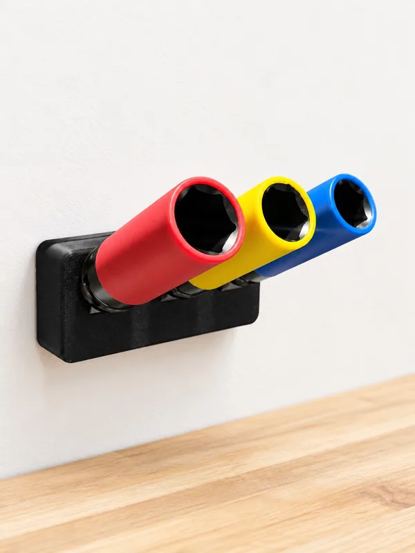 Soporte de pared modular instalado con vasos de impacto rojo, amarillo y azul